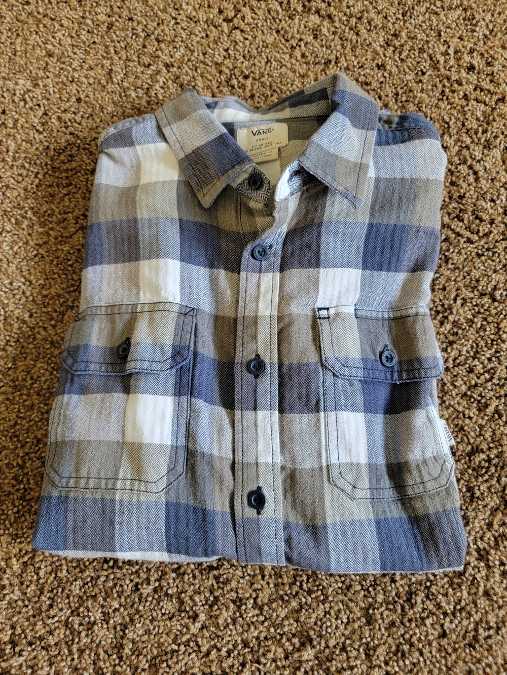 Vans Men's Blue and Gray Plaid Button-Up Shirt - Small